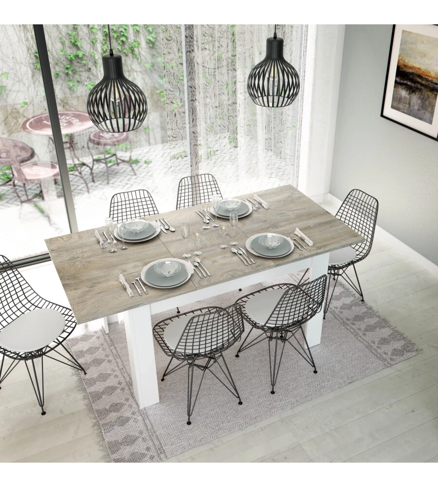 TAVOLO DA PRANZO ESTENSIBILE BIANCO E ROVERE, 140-190X90X78 CM